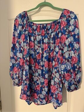 Umgee Blue & Pink Floral Smocked Peasant Blouse